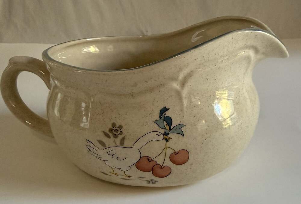 Vintage Goose Blue Bow Cherries Marmalade Stoneware Gravy Boat Cottagecore